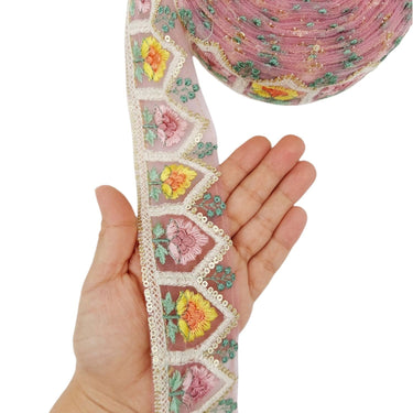 9 Yards Rose Taupe Soft Net Lace Trim Floral Embroidery and Gold Sequins, Floral Sari Border, Decorative Trim